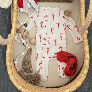 Organic Waffle Ruffle Zip Footie, Candy Cane